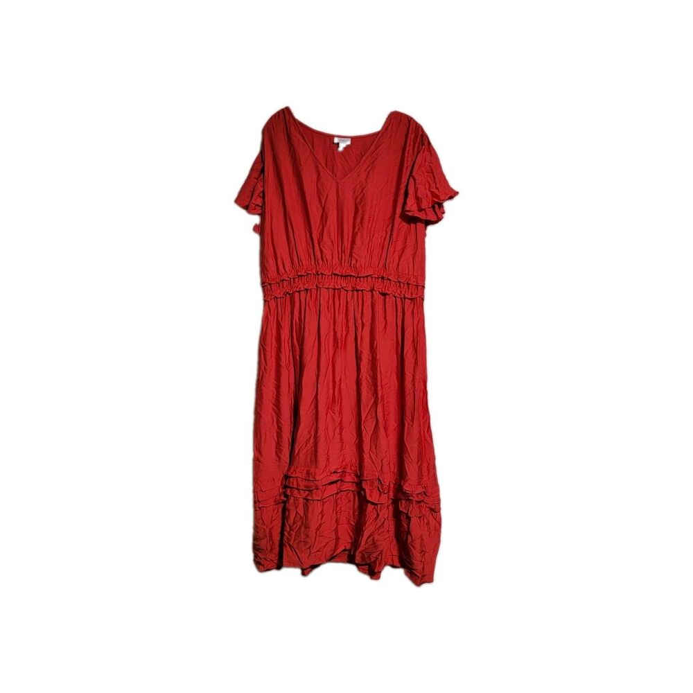 J Jill Womenās 2X Red Maxi Dress V Neck Flutter Sleeve Tiered Ruffle Plus Size